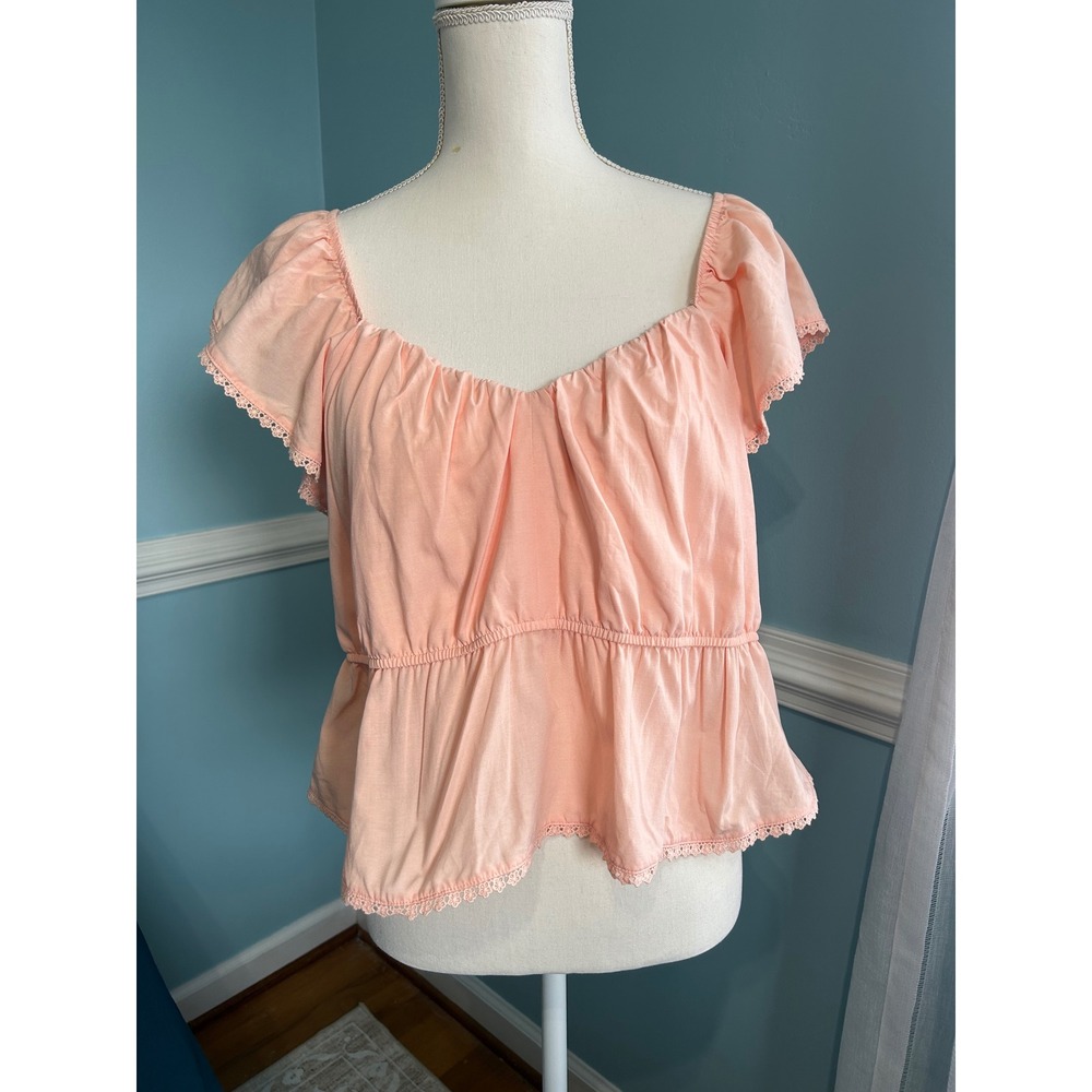 Celebrity Pink Peach Flutter Sleeve Peplum Top Crochet Lace Trim XXXL